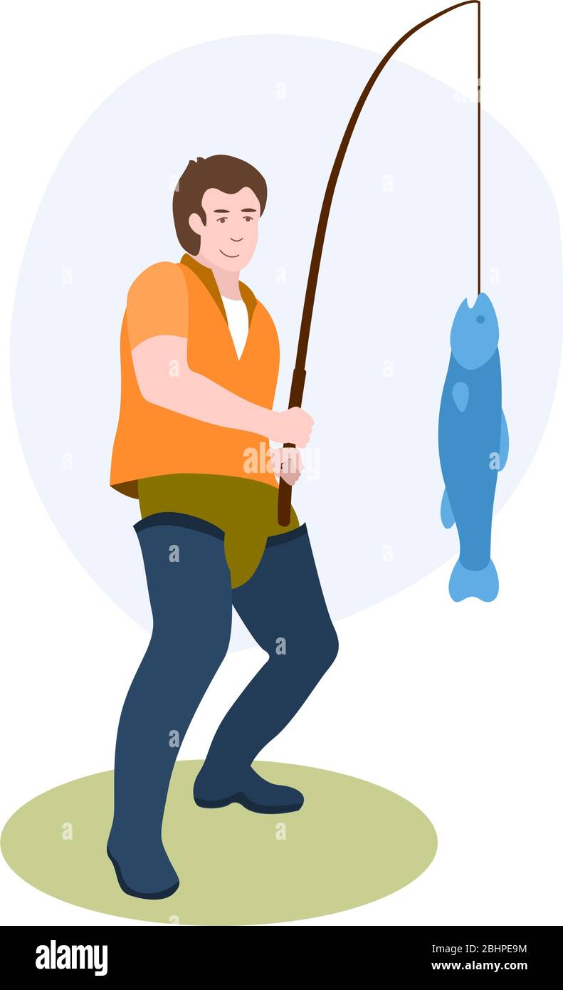 Pescador con caña de pescar captura DE un pez grande en la orilla  ilustración vectorial de la colección de hobbies. Ilustración de dibujos  animados planos aislada sobre blanco Imagen Vector de stock -