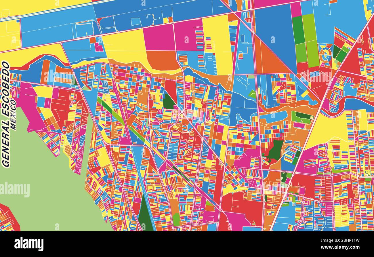 Mapa vectorial colorido del General Escobedo, Nuevo León, México. Plantilla Art Map para autoimprimir gráficos de pared en formato horizontal. Ilustración del Vector