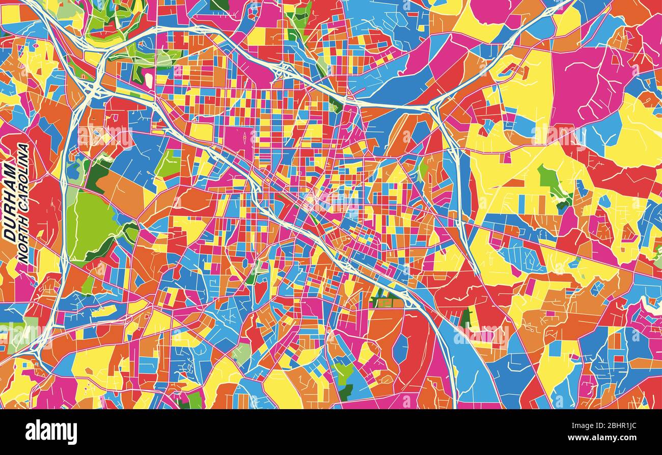 Mapa vectorial colorido de Durham, Carolina del Norte, EE.UU. Plantilla Art Map para autoimprimir gráficos de pared en formato horizontal. Ilustración del Vector