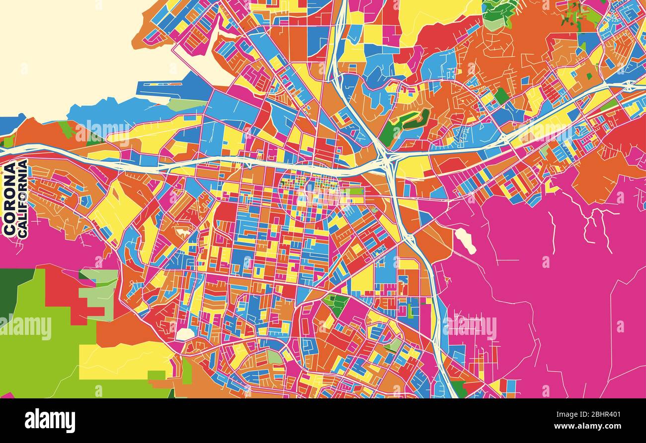Mapa vectorial colorido de Corona, California, EE.UU. Plantilla Art Map