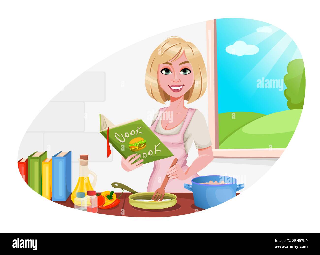 Mujer cocinando en casa. Alegre chica preparando comida. Hermosa dama  personaje de dibujos animados. Ilustración vectorial sobre fondo blanco  Imagen Vector de stock - Alamy