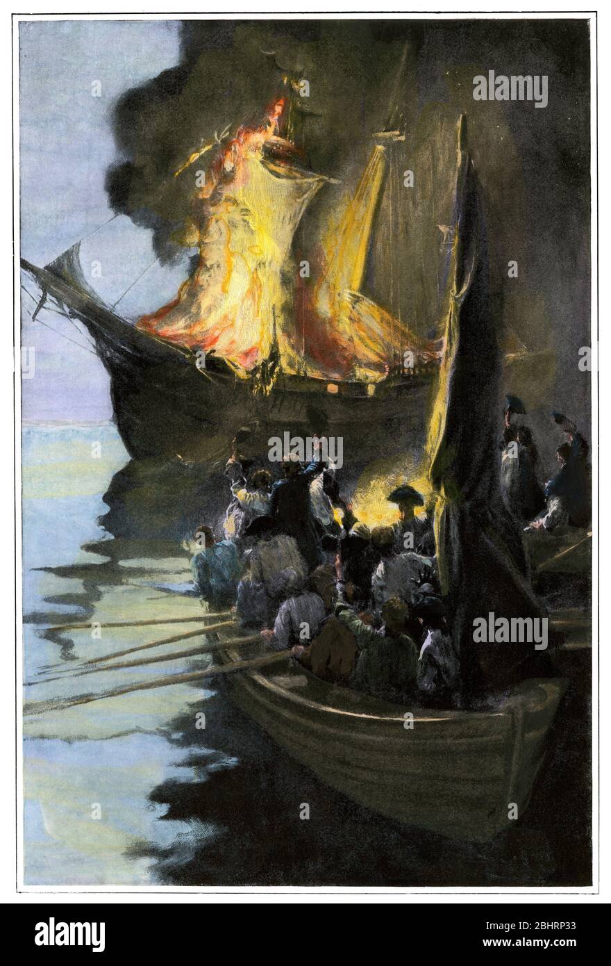 Patriotas de Rhode Island quemando HMS Gaspee. Semitonos de color manual de una ilustración Foto de stock