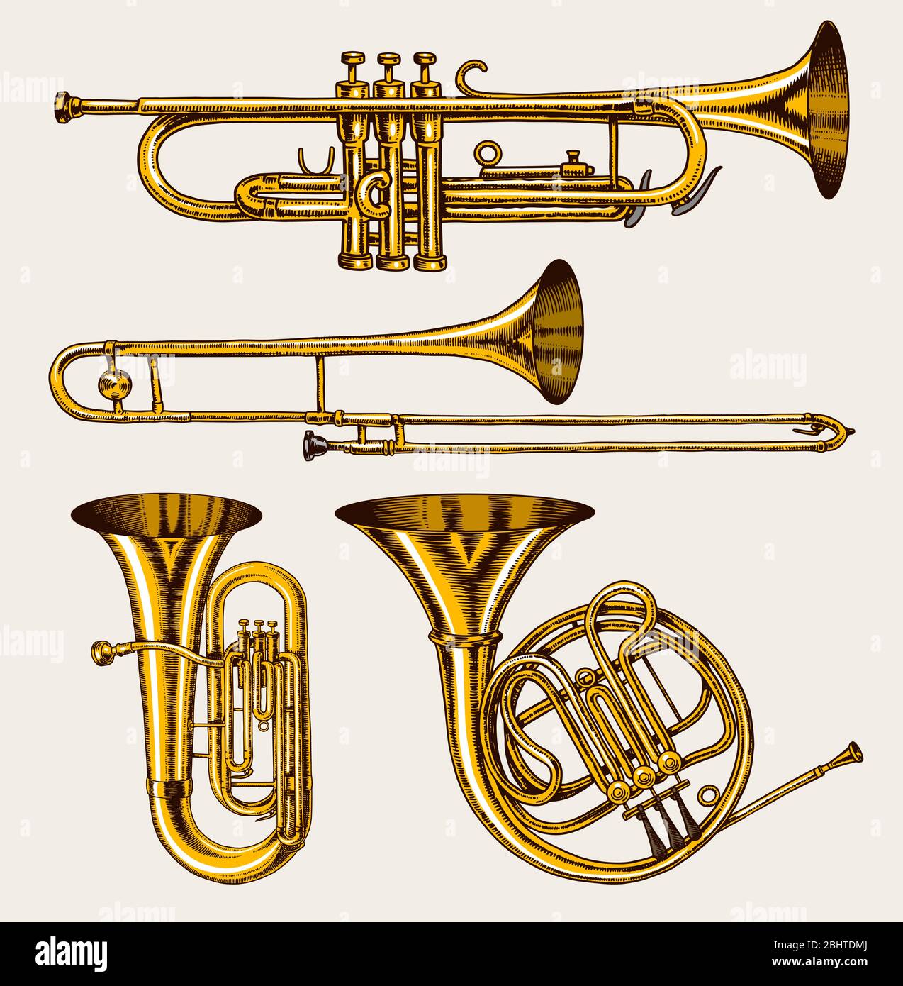 Jazz clásico instrumentos de viento. Trombón musical Trompeta Flauta cuerno  francés Saxofón. Dibujo a mano monocromo grabado vintage croquis Imagen  Vector de stock - Alamy