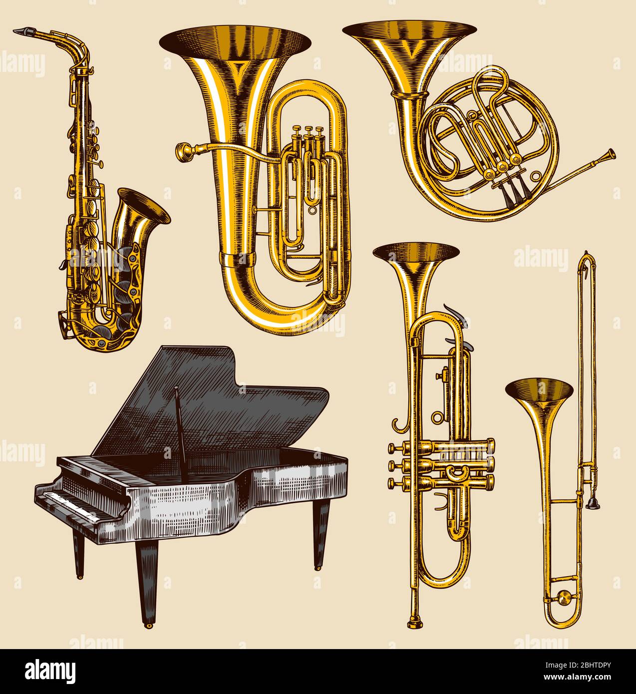 Jazz clásico instrumentos de viento. Trombón musical Trompeta Flauta cuerno  francés Saxofón. Dibujo a mano monocromo grabado vintage croquis Imagen  Vector de stock - Alamy