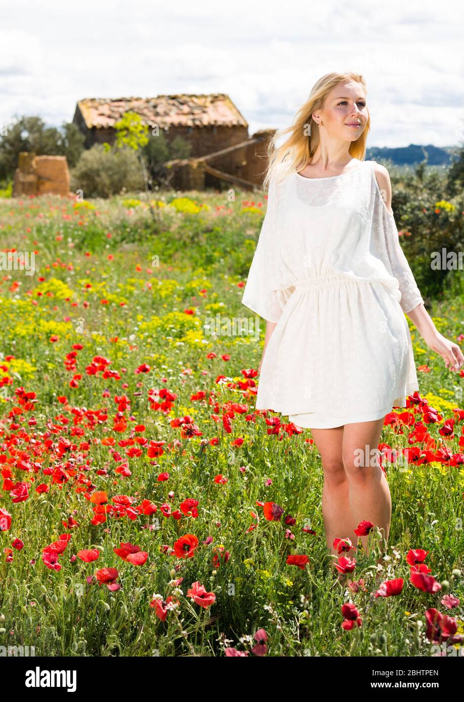 Hermosa mujer joven en vestido blanco caminando por un campo de amapolas de  flores silvestres Fotografía de stock - Alamy