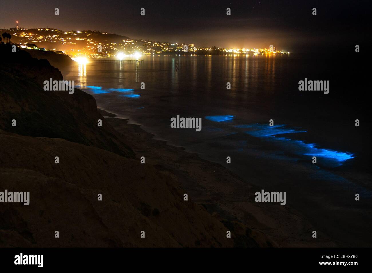 Las olas del océano en la playa de Blacks brillan con bioluminiscencia por la noche durante un evento de marea roja en la Jolla, California. Foto de stock