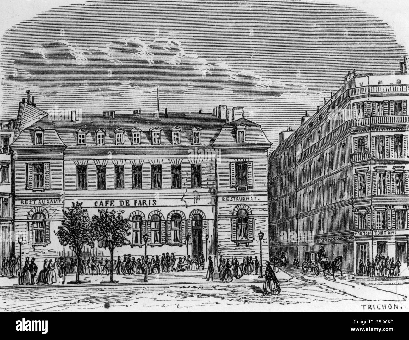 El Café de París alrededor de 1860 - Grabado por Lancelot et Trichon Foto de stock