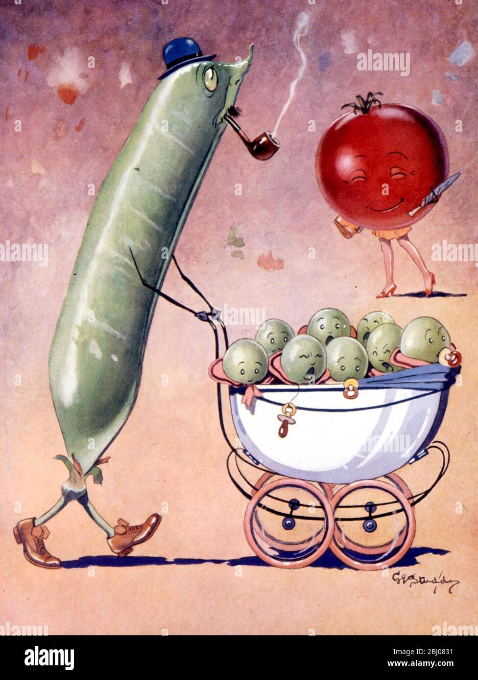 Catroon por George Studdy (d1948) en el boceto de Navidad 1936 - Fruity Fables - Papa Pea toma sus Octets para un paseo Foto de stock