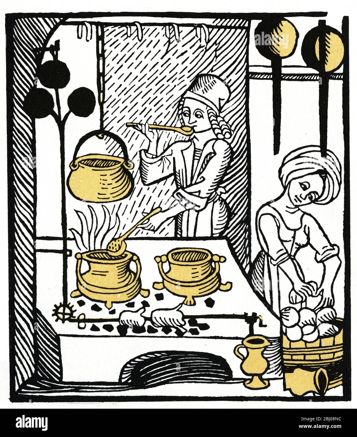 Una escupada , una olla y un horno , para asar , hervir y hornear siempre han sido las tres formas de cocinar . Aquí los tres se están utilizando en esta cocina medieval Foto de stock