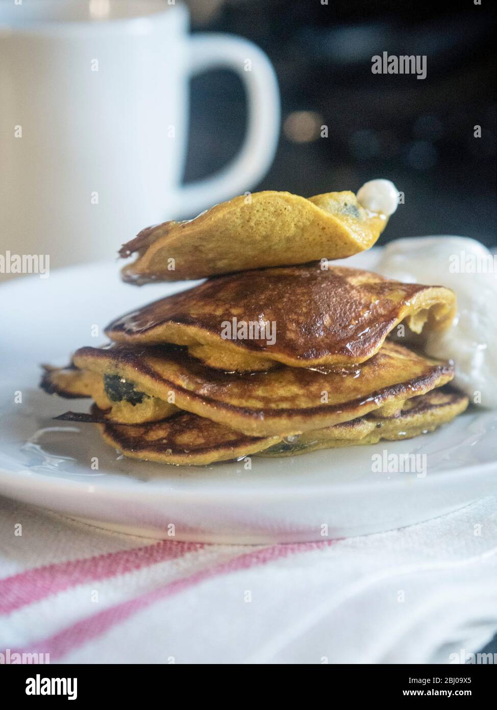 Panqueques de desayuno hechos con una masa de plátano, dos huevos, y 2 cucharadas de harina de trigo sarraceno, y un mancul de arándanos, cocinados en un poco c Foto de stock