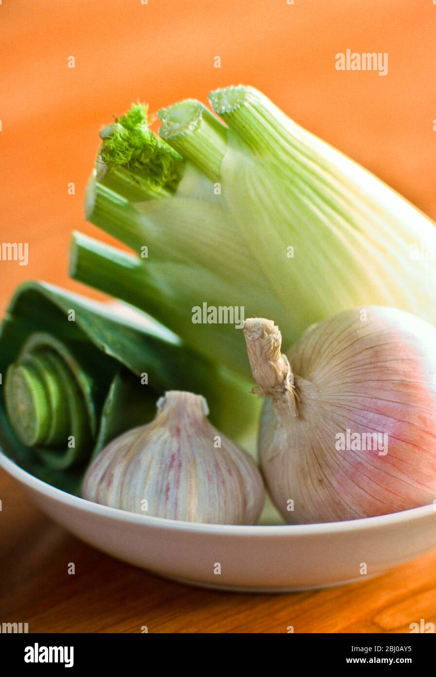 Una selección de verduras frescas, hinojo, cebolla blanca, ajo y puerro - Foto de stock