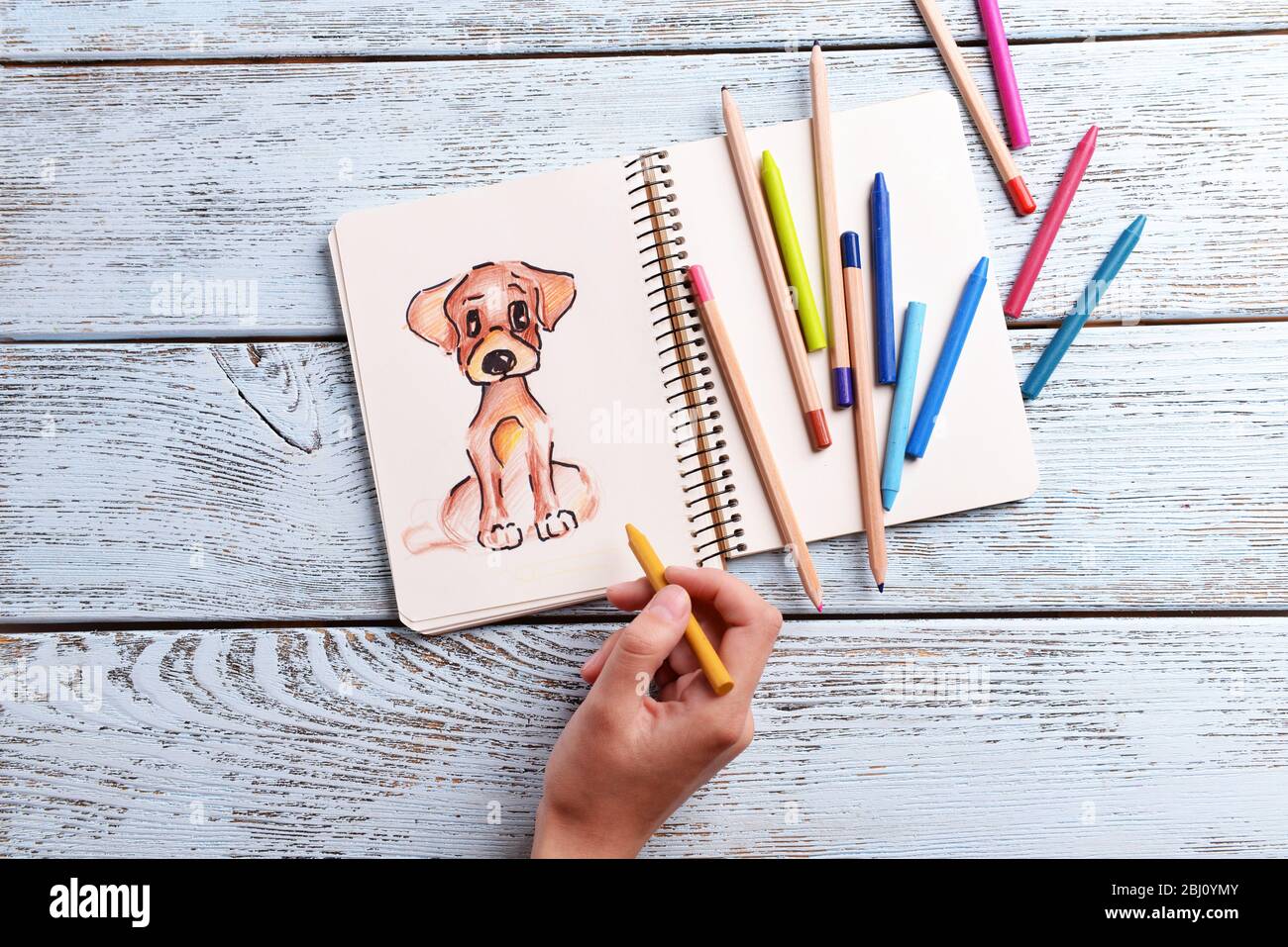 Perro dibujo de la mano femenina en el cuaderno sobre fondo de la mesa de  madera Fotografía de stock - Alamy