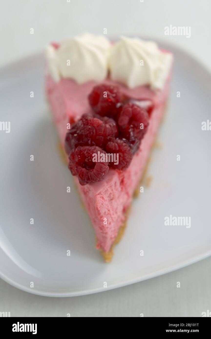 Una rebanada de deliciosa tarta de mousse de frambuesa, sobre un plato blanco, una profundidad de campo corta - Foto de stock