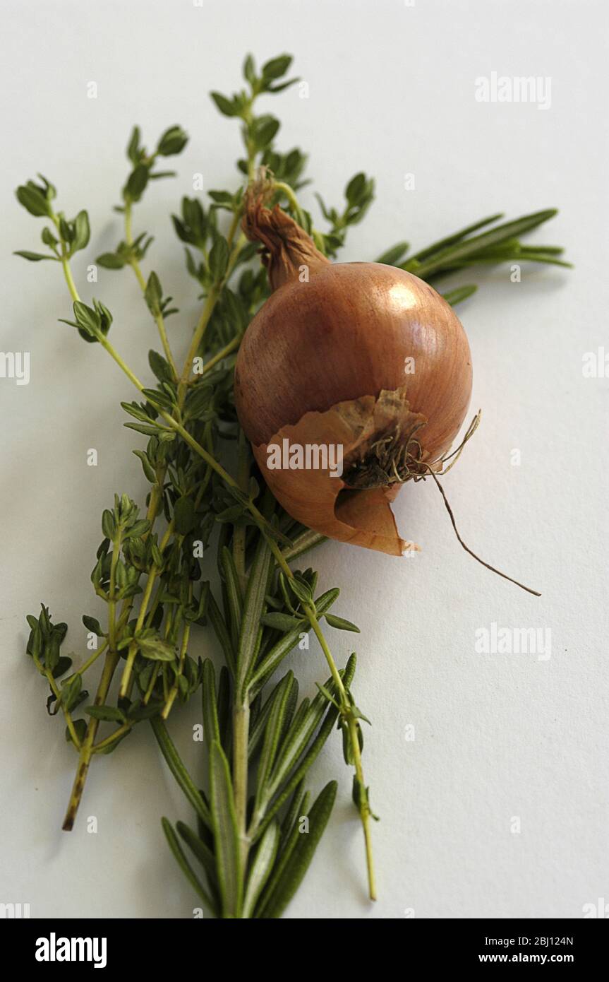 Ramitas de hierbas culinarias, romero y tomillo con cebolla sobre fondo blanco - Foto de stock