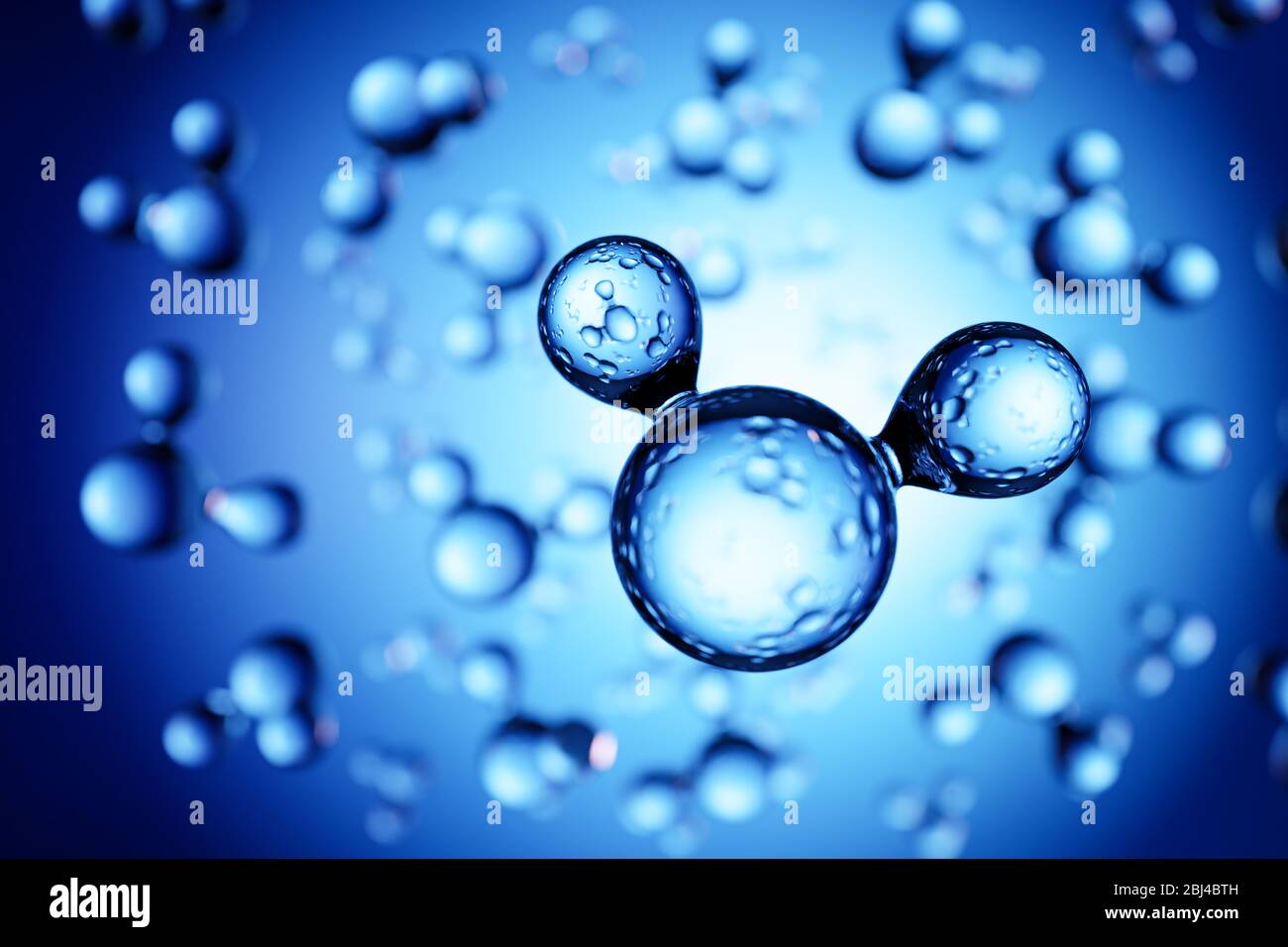 Presentación 3d: Modelos de moléculas de agua H2O delante del fondo azul. Enfoque selectivo en primer plano Foto de stock
