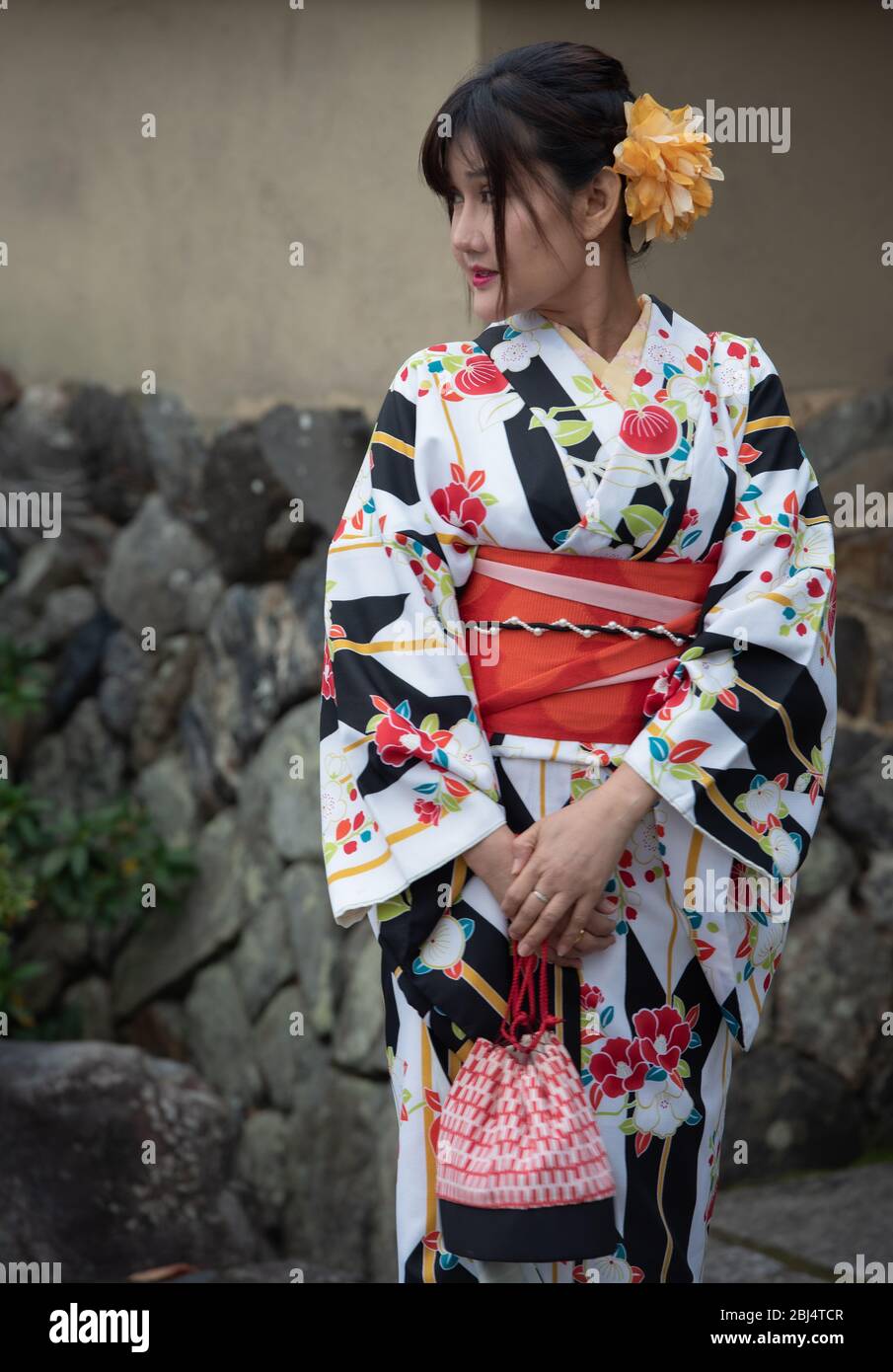 Una mujer japonesa vestida con un kimono tradicional en la entrada del  templo de Tenryuji en Kioto, Japón Fotografía de stock - Alamy