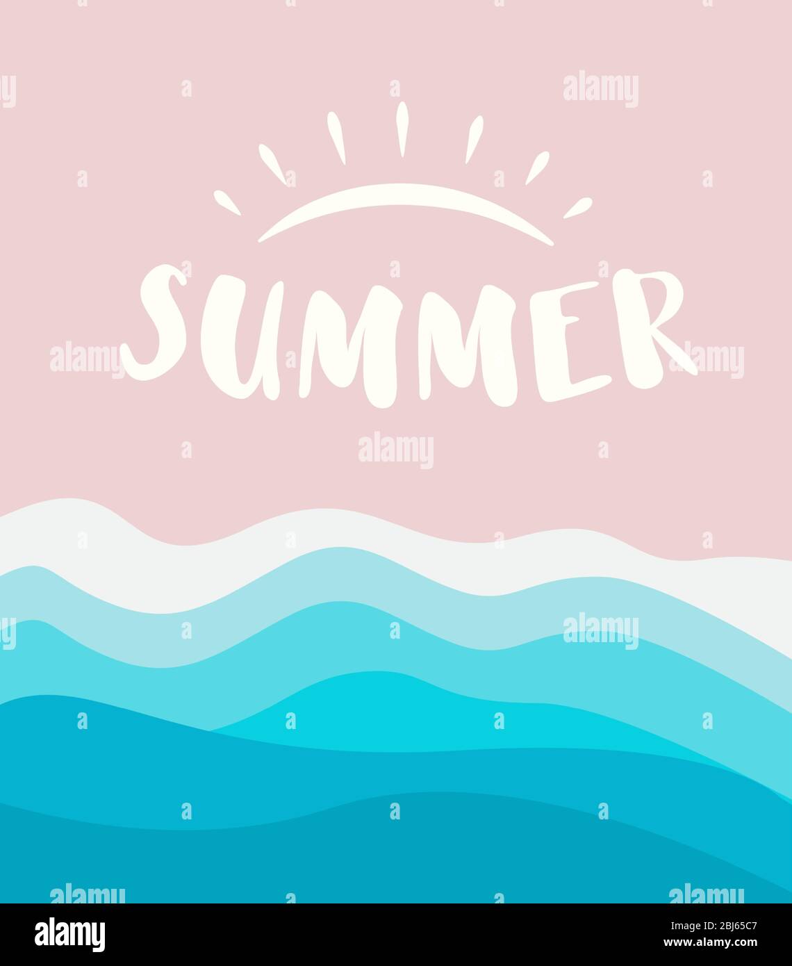 Plantilla de banner de verano con el concepto de logotipo de sol dibujado, fondo de playa de arena con olas de mar. Ilustración vectorial. Ilustración del Vector