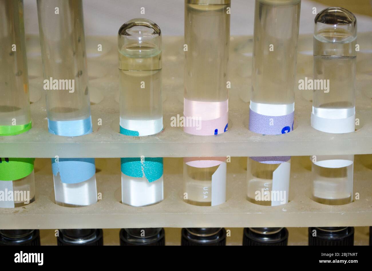 El experimento de laboratorio utiliza varios tubos de ensayo para analizar  diferentes productos químicos Fotografía de stock - Alamy