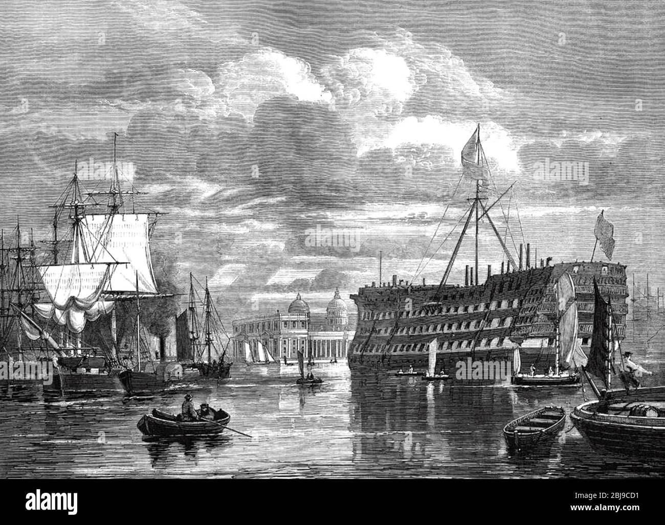 HMS DREADNOUGHT Royal Navy 98-gun Second rate lanzó 1801 como un barco de hospital frente a Greenwich en 1870. Foto de stock