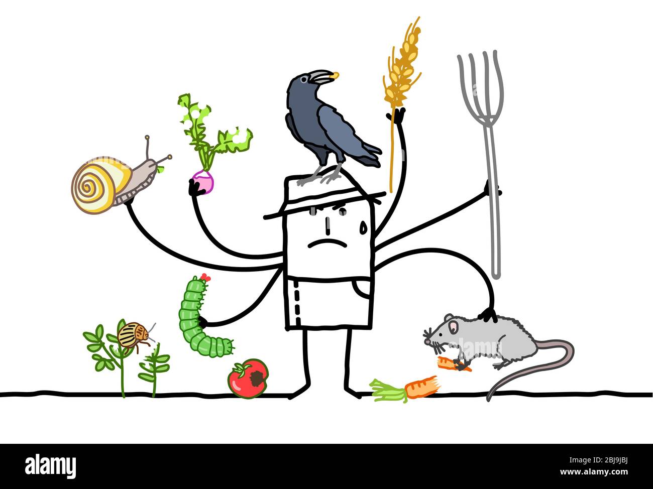 Dibujó a mano a un granjero de dibujos animados multitarea, enojado por los animales comiendo sus plantas Foto de stock