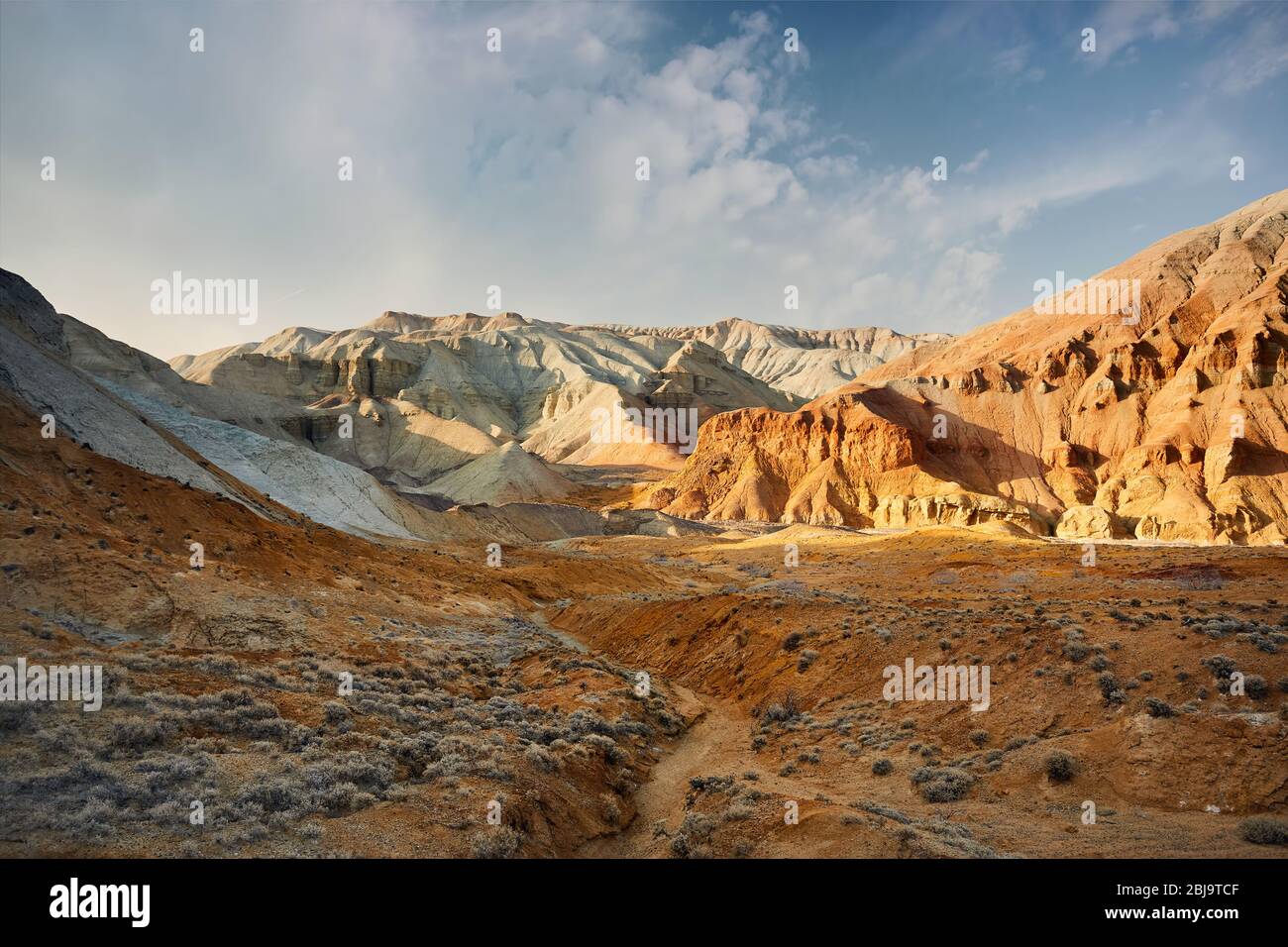 Cañón con capas de montañas en el parque desierto Emel Altyn en Kazajstán Foto de stock