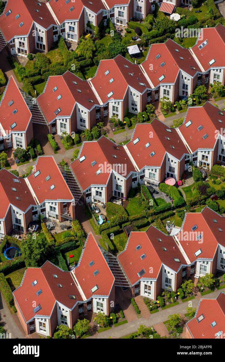 , casa en fila asentamiento Westkapeller anillo en Muelheim, 07.07.2016, vista aérea, Alemania, Renania del Norte-Westfalia, Ruhr Área, Muelheim/Ruhr Foto de stock