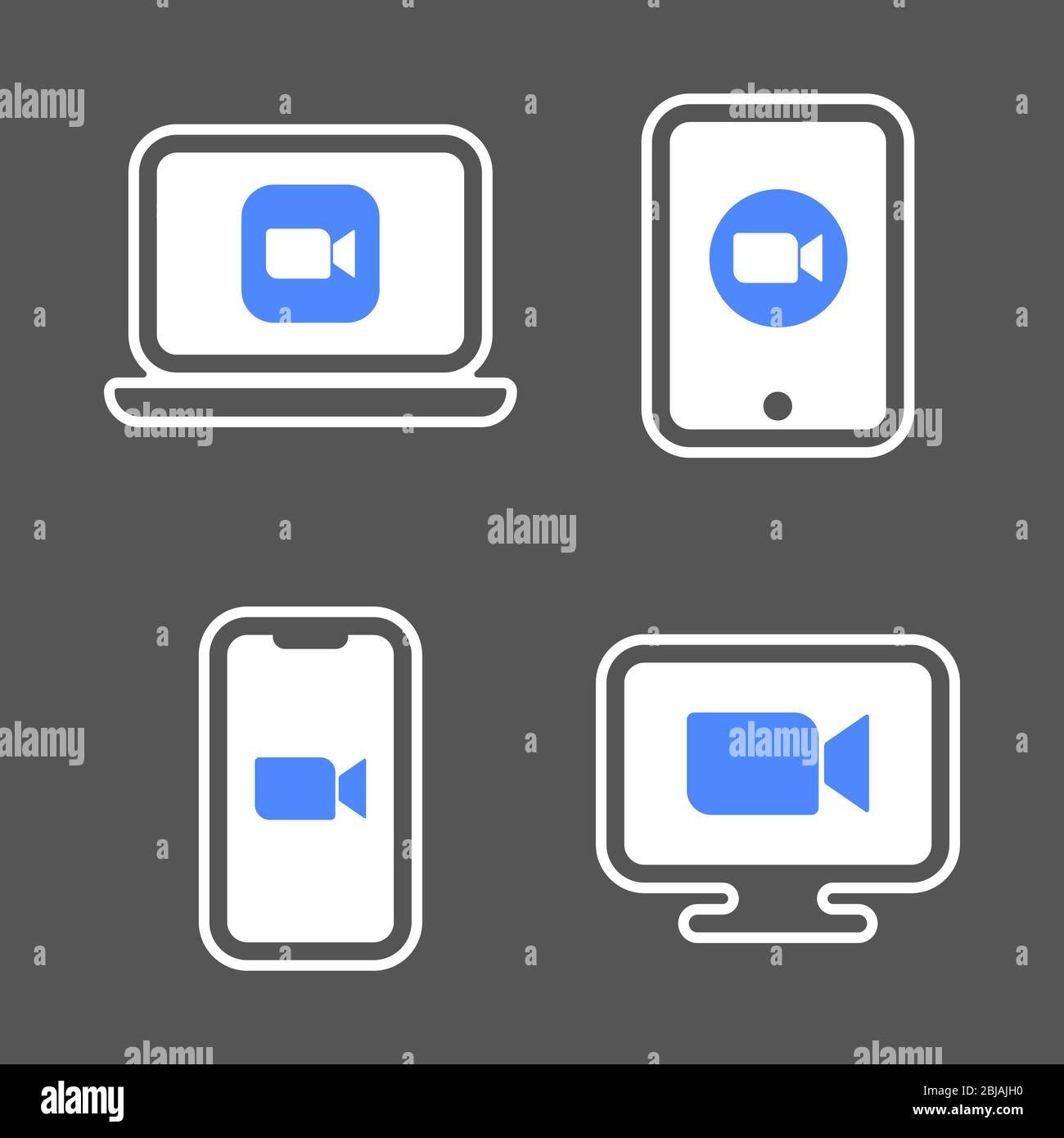 Iconos azules de la cámara: Iconos de la aplicación Cámara en diferentes gadgets. EPS 10 Ilustración del Vector