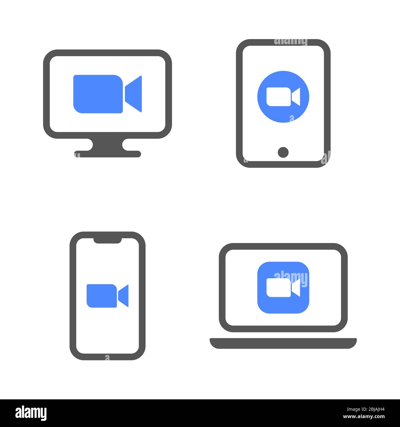 Iconos de cámara azules: Aplicación de transmisión en directo para el teléfono, el portátil, el escritorio y las videollamadas de conferencia de Tablet pc. EPS 10 Ilustración del Vector