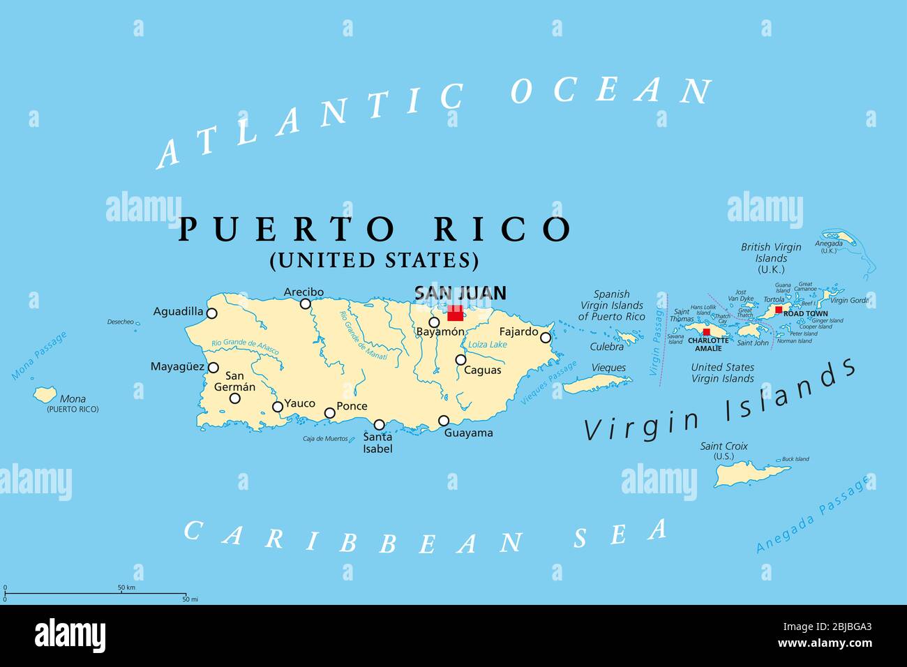 Confiar recursos humanos calcular Puerto Rico e Islas Vírgenes, mapa político. Islas Vírgenes Británicas,  española y de los Estados Unidos Fotografía de stock - Alamy