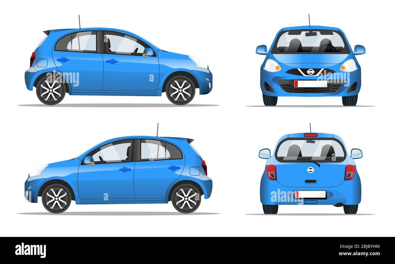 Vista lateral, frontal y posterior del mini coche azul, estilo plano. Plantilla para sitio web, aplicación móvil y banner publicitario. Coche aislado en un blanco Ilustración del Vector