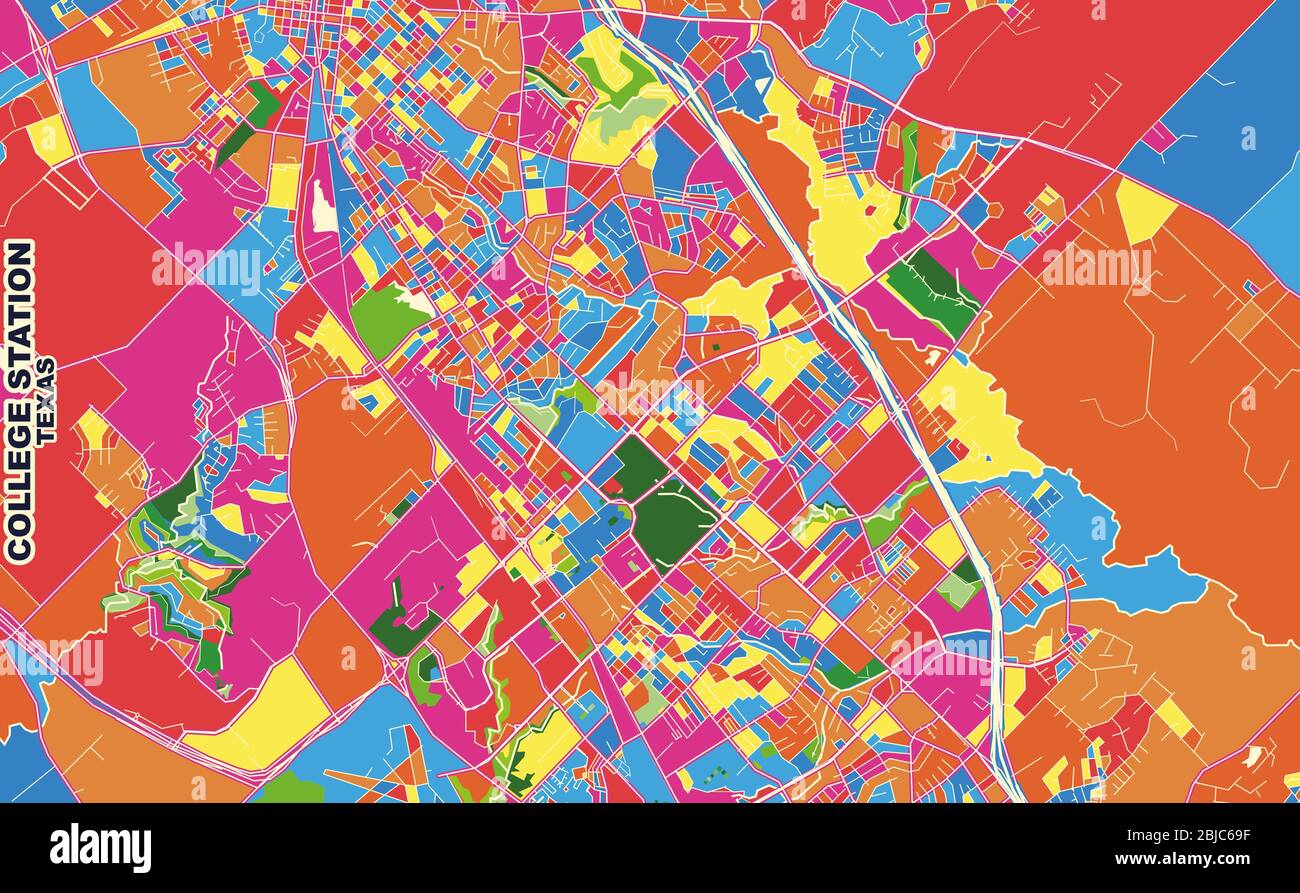 Mapa vectorial colorido de College Station, Texas, EE.UU. Plantilla Art
