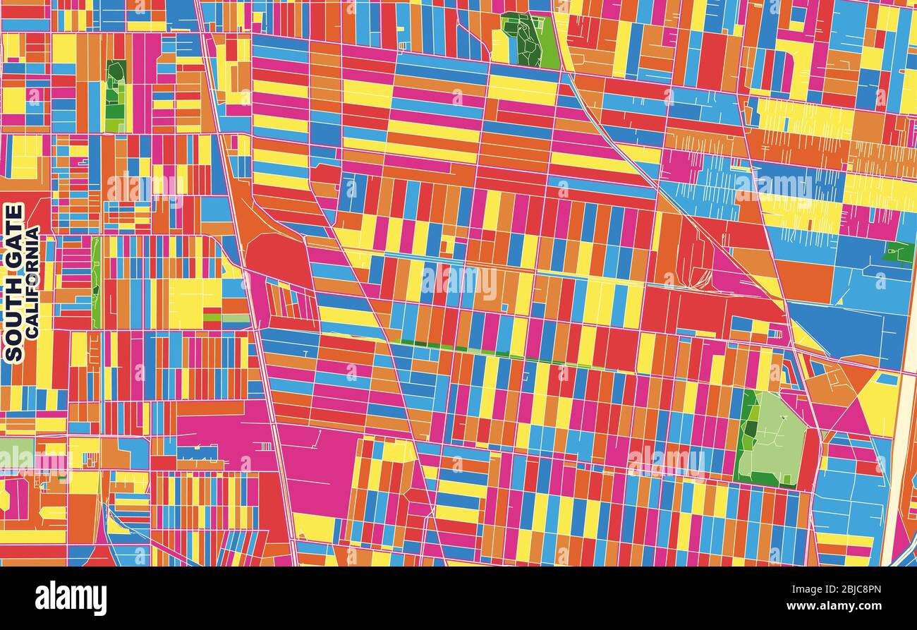 Mapa vectorial colorido de South Gate, California, EE.UU. Plantilla Art