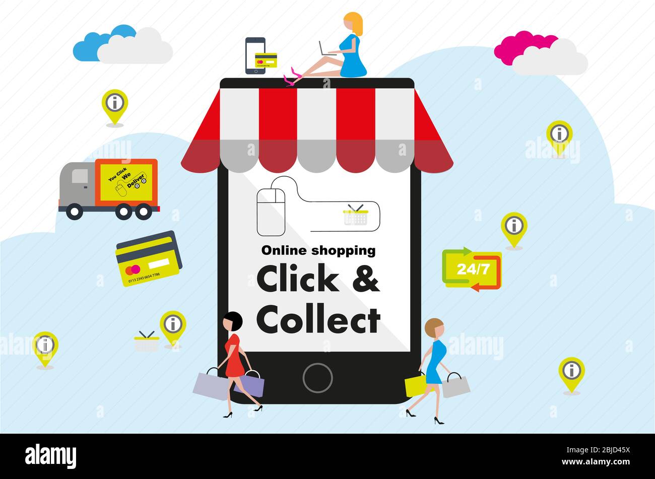 Haga clic y recoja el concepto de compra en Internet Ilustración del Vector