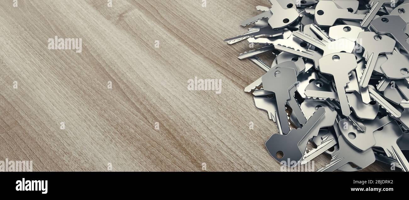 Muchas llaves de metal variadas sobre fondo de mesa de madera. Concepto de seguridad doméstica. renderizado 3d Foto de stock