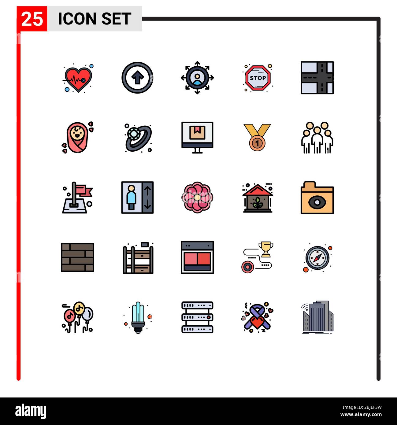 Conjunto de 25 iconos modernos de la interfaz de usuario símbolos símbolos señales para niños, carretera, arriba, parada, tabla elementos de diseño vectorial editables Ilustración del Vector