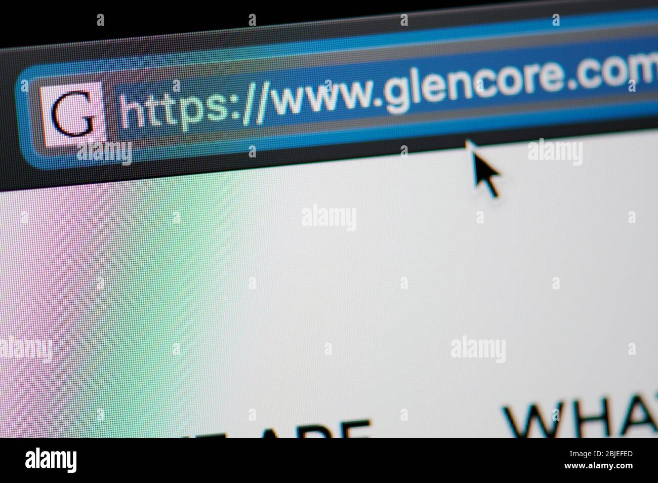 New-York , Estados Unidos - 29 de abril de 2020:Glencore URL link Dirección sitio web cerrar vista en pantalla portátil Foto de stock