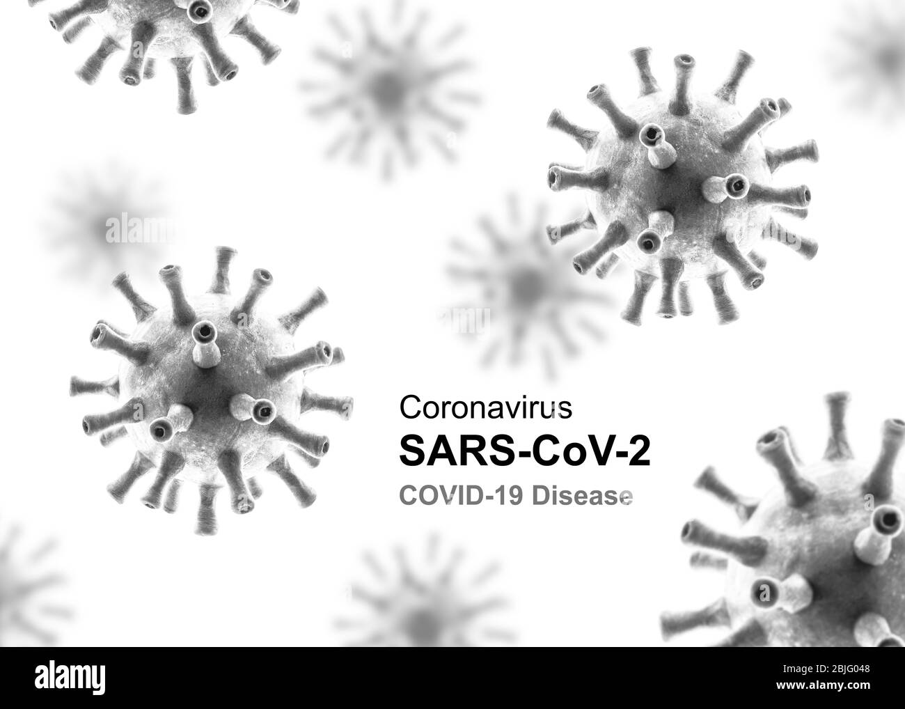 Concepto de coronavirus COVID-19, póster con iconos de virus de corona gris e inscripción SARS-COV-2 aislada sobre fondo blanco. Banner con nuevo coronavir Foto de stock