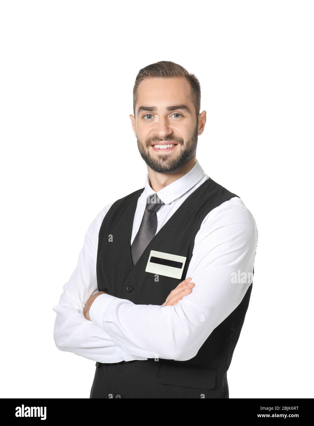 Recepcionista de hotel macho en uniforme sobre fondo blanco Fotografía de  stock - Alamy
