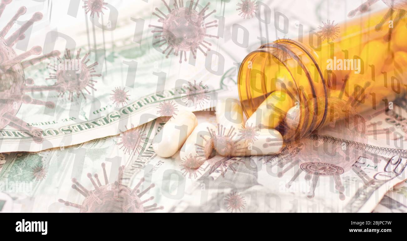 Ilustración digital de pastillas médicas que yacen en billetes de dólares americanos sobre macro Coronavirus Co Foto de stock