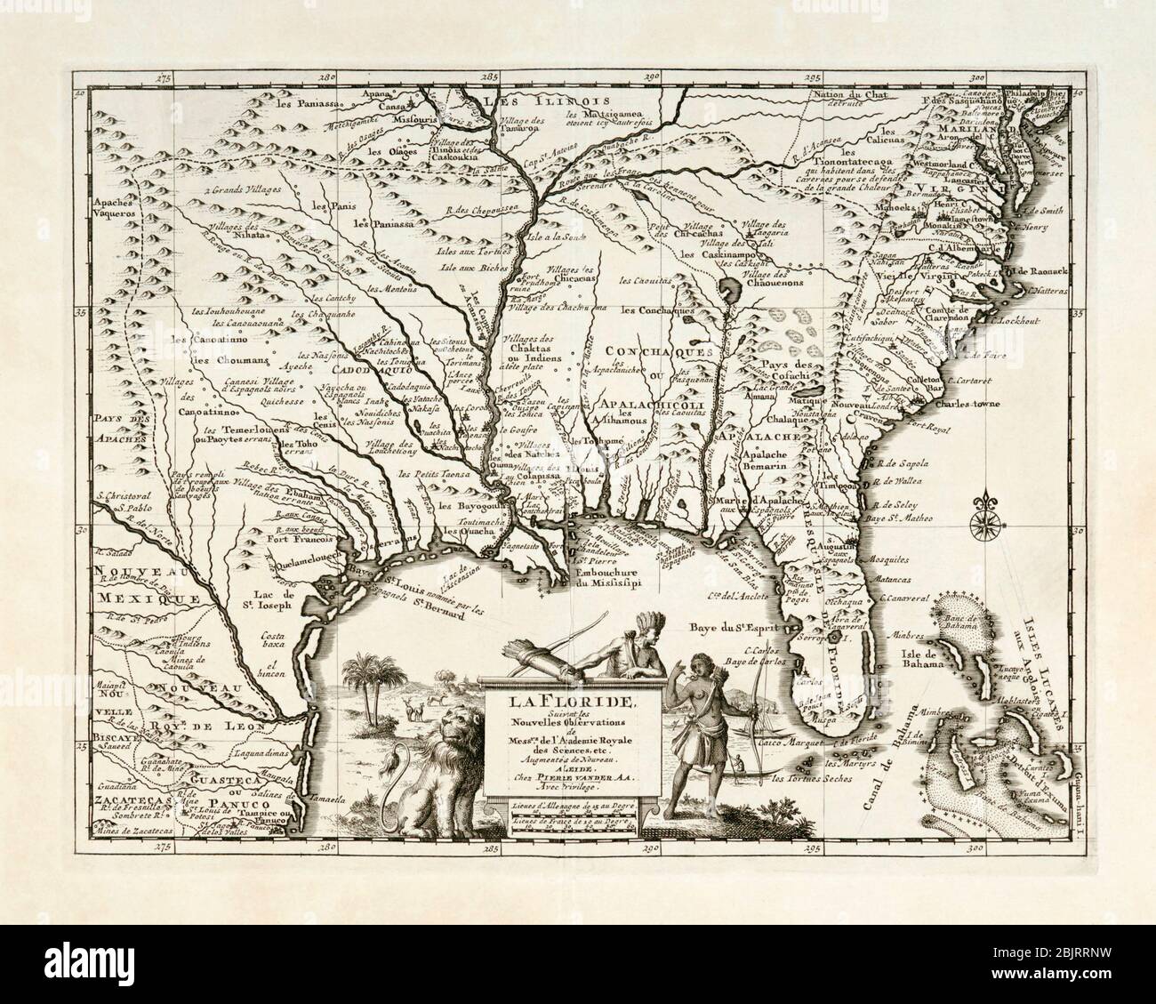 La Floride. Mapa del sudeste de América del Norte, incluyendo Florida, mostrando pueblos nativos americanos y asentamientos franceses, españoles e ingleses. Publicado por Pieter van der AA, Leiden, alrededor de 1713. Foto de stock