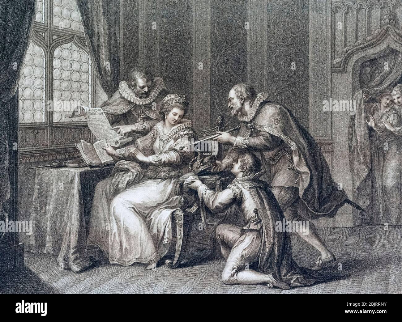 Los duques de Northumberland y Suffolk rezan a la Señora Jane Grey para aceptar la corona. De una impresión fechada en 1786 por Francesco Bartolozzi después de una obra de Giovanni Battista Cipriani. Foto de stock