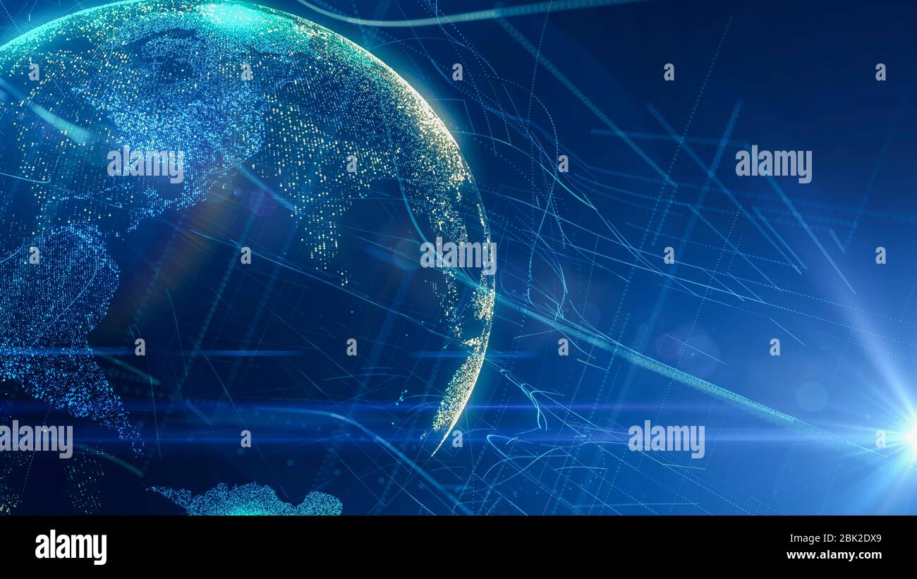 Digital Globe Cyber network con efecto de llamarada de lente.Resumen Mapa del mundo Fondo de negocio.conectividad digital global moderna Foto de stock
