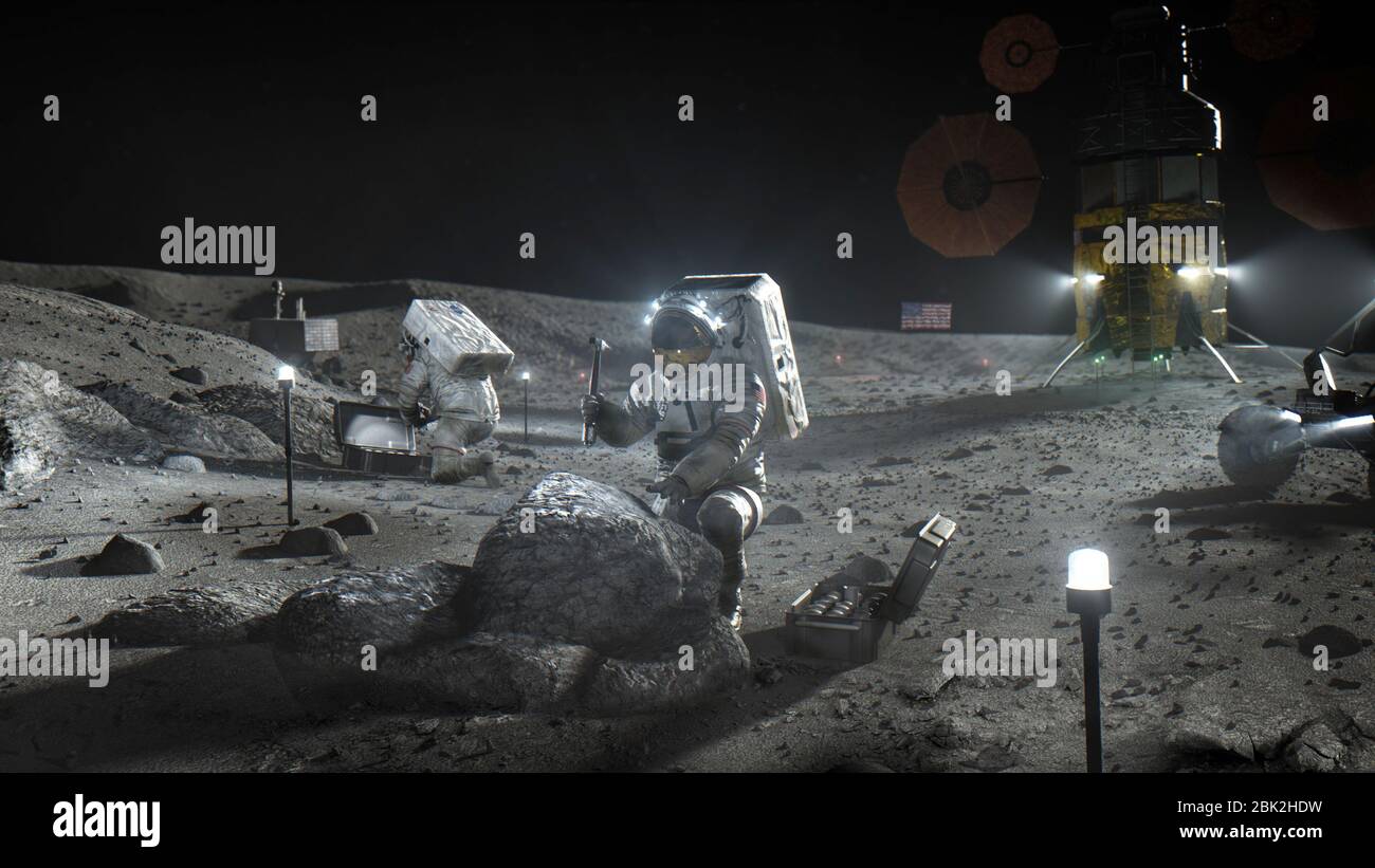 Arte conceptual artístico de los astronautas de Artemis de la NASA trabajando en la superficie de la Luna - Foto: Geopix/NASA Foto de stock