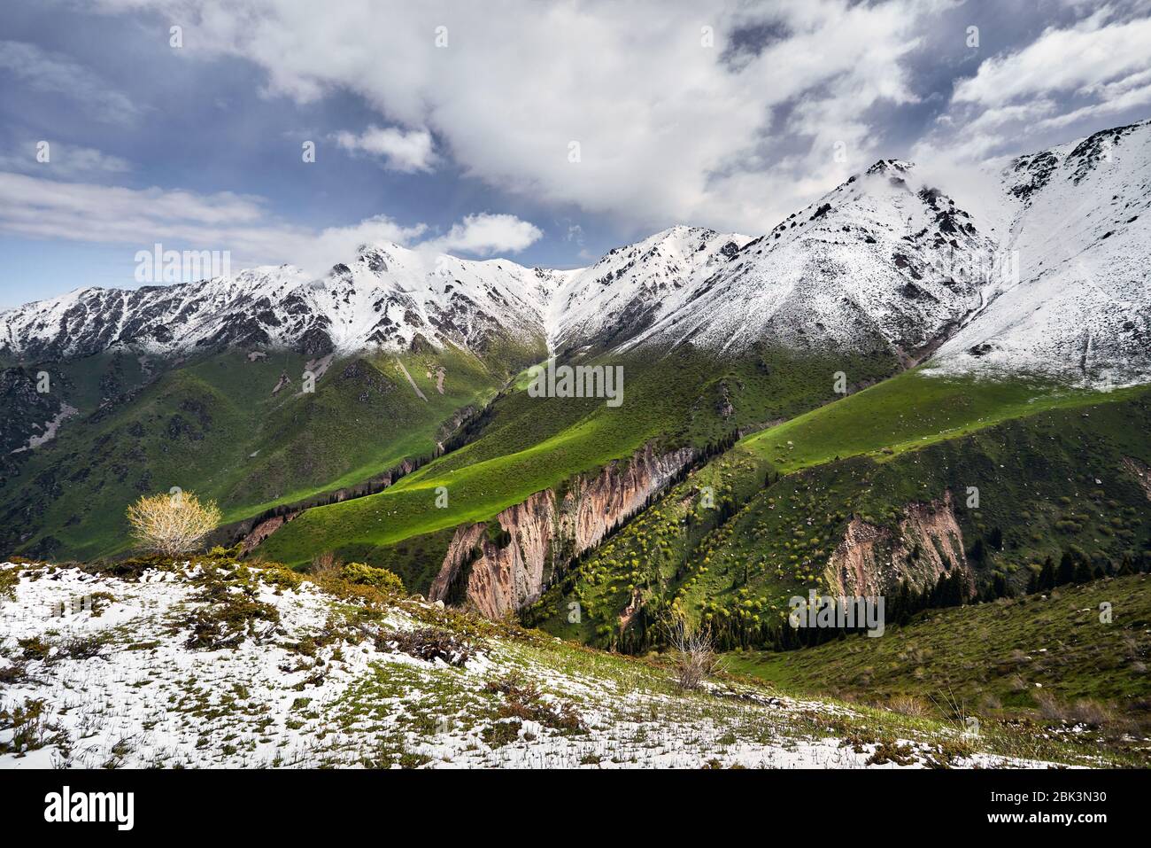 El pico de la montaña con nieve y bosque verde contra el azul cielo nublado Foto de stock