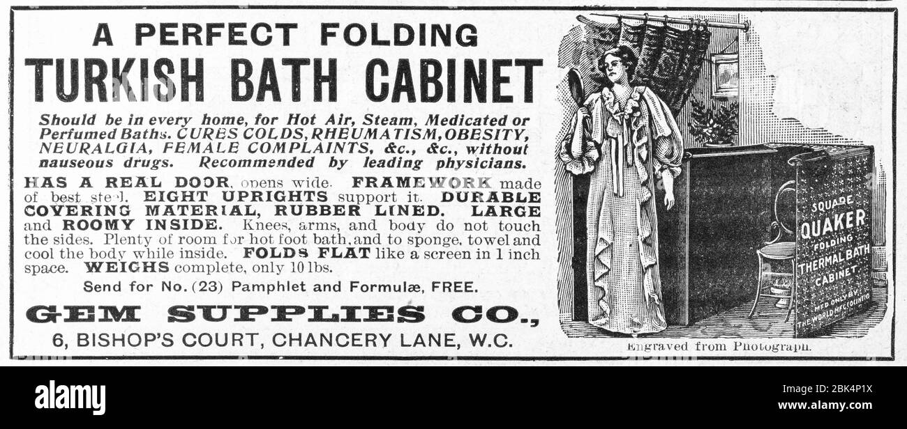 Antiguo anuncio de higiene personal de principios de 1900, antes del amanecer de los estándares publicitarios. Historia de la publicidad, viejos anuncios de productos de higiene. Foto de stock