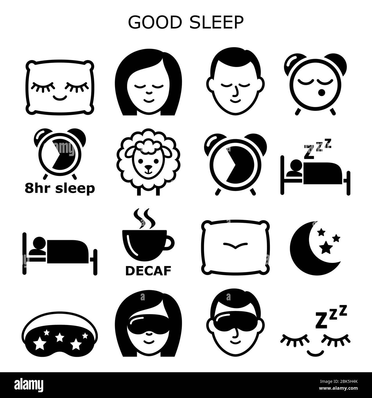 Buena higiene del sueño, sueño sano iconos vectores personas dormir en la noche diseño - salud y concepto de estilo de vida Ilustración del Vector