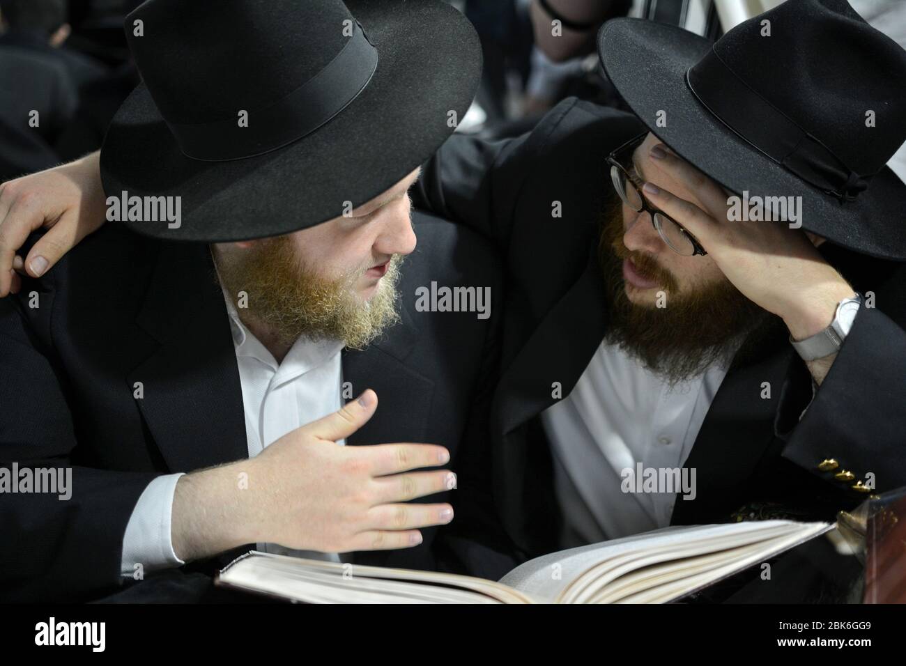 Dos jóvenes judíos ortodoxos estudian juntos en una asociación llamada chavrusa. En una sinagoga en Queens, Nueva York. Foto de stock