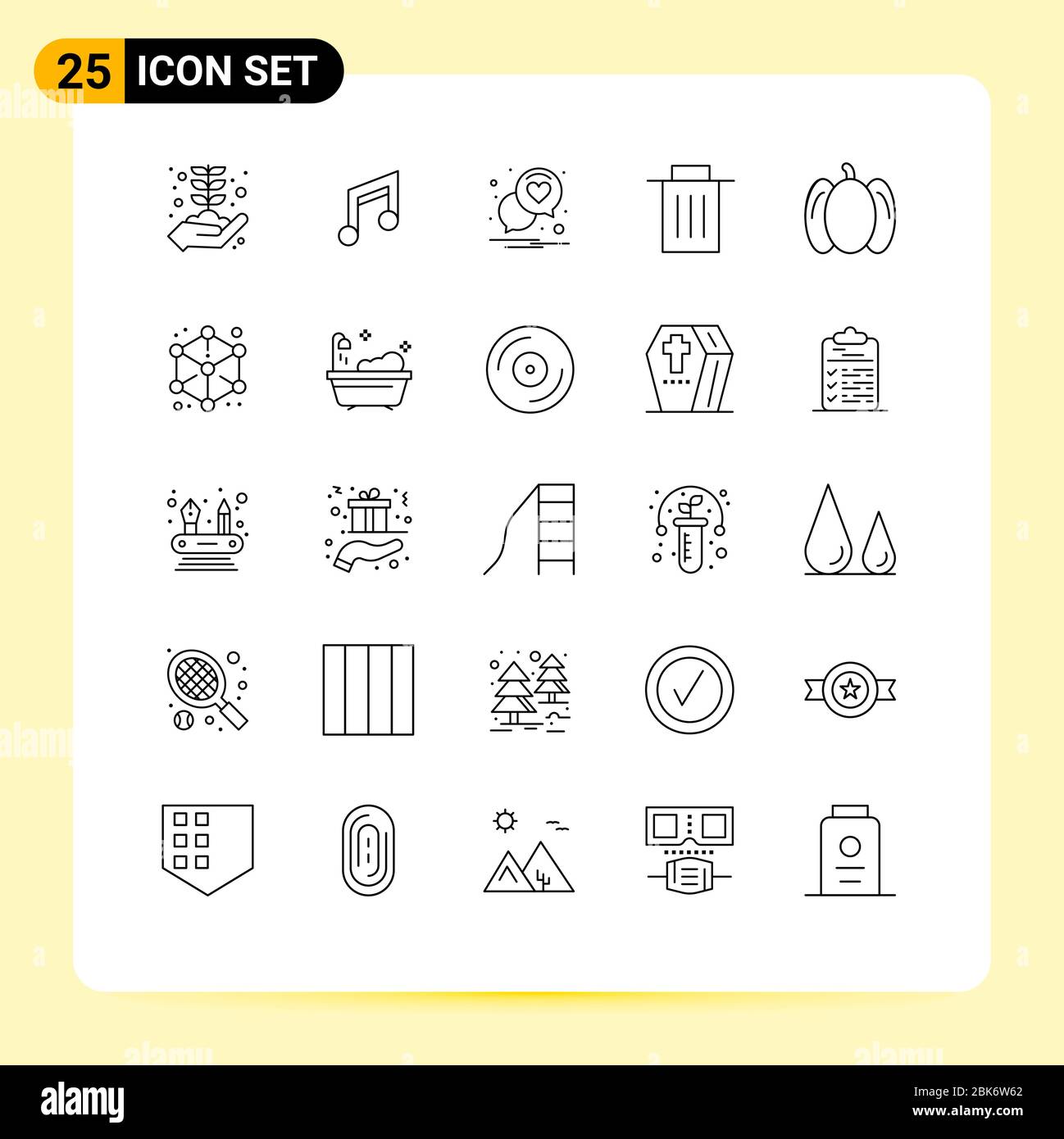 25 concepto de línea para sitios web móviles y aplicaciones alimentos, basura, música, interfaz, romance elementos de diseño vectorial editables Ilustración del Vector