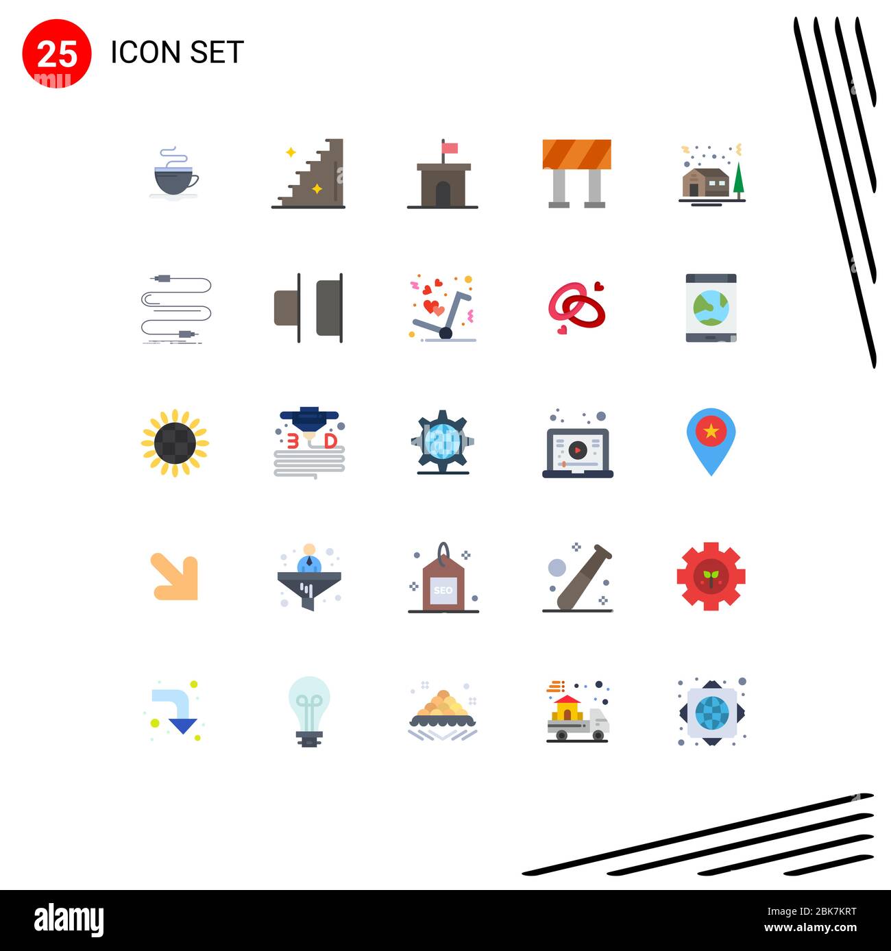 Paquete de 25 símbolos y símbolos modernos de colores planos para medios de impresión web como invierno, Navidad, finca, árbol, bloque elementos de diseño vectorial editables Ilustración del Vector