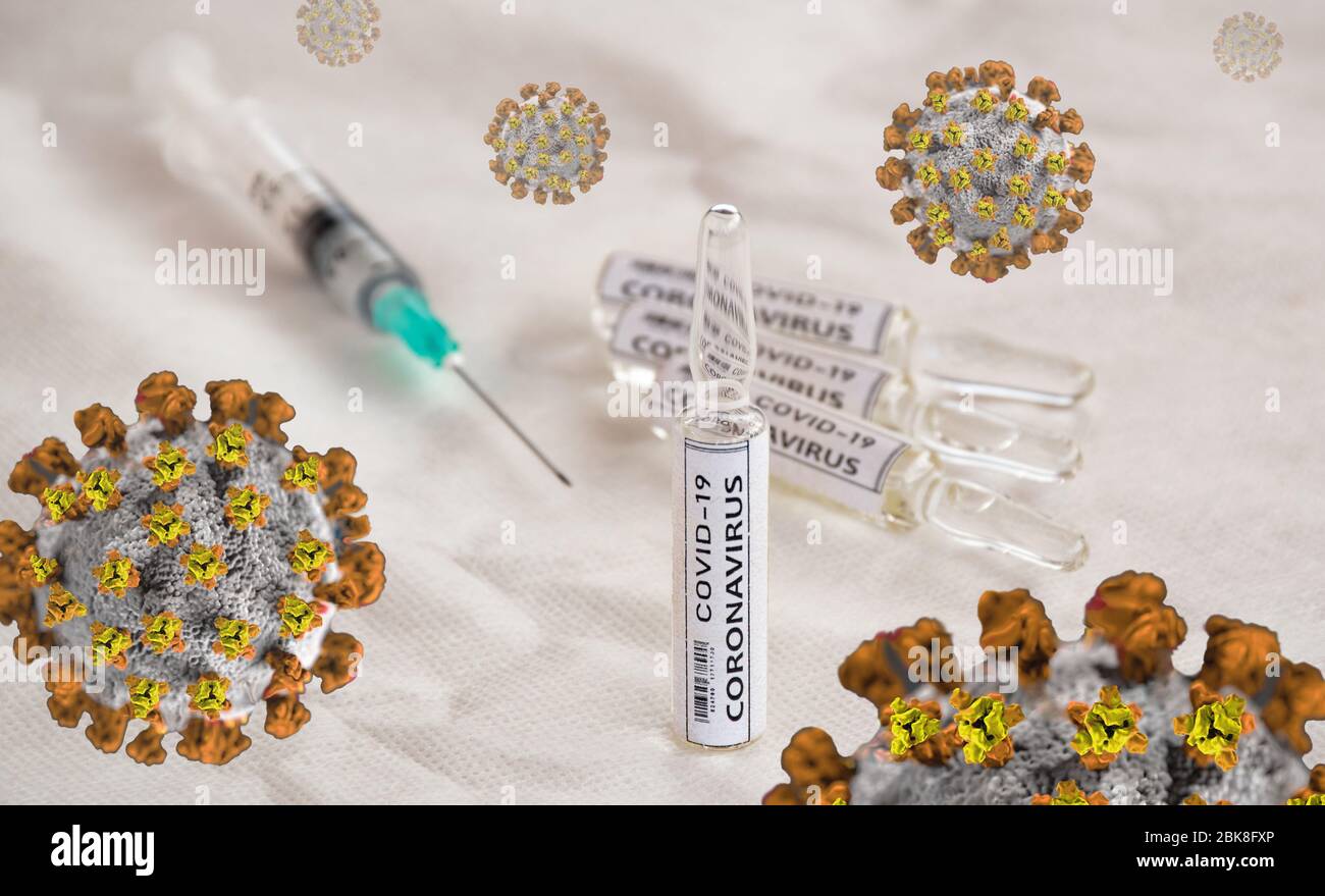 Cepas de coronavirus e imitación de inyecciones de vacunas médicas para covid-19 aka 2019-nCoV. Foto de stock